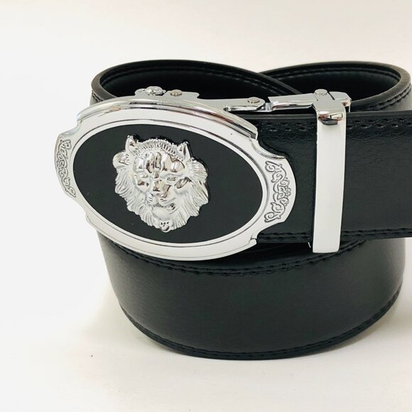 Black Leather Belt Automatic Silver Lion Head Buckle Slide‎ Belts No Hole Strep - Picture 2 of 3
